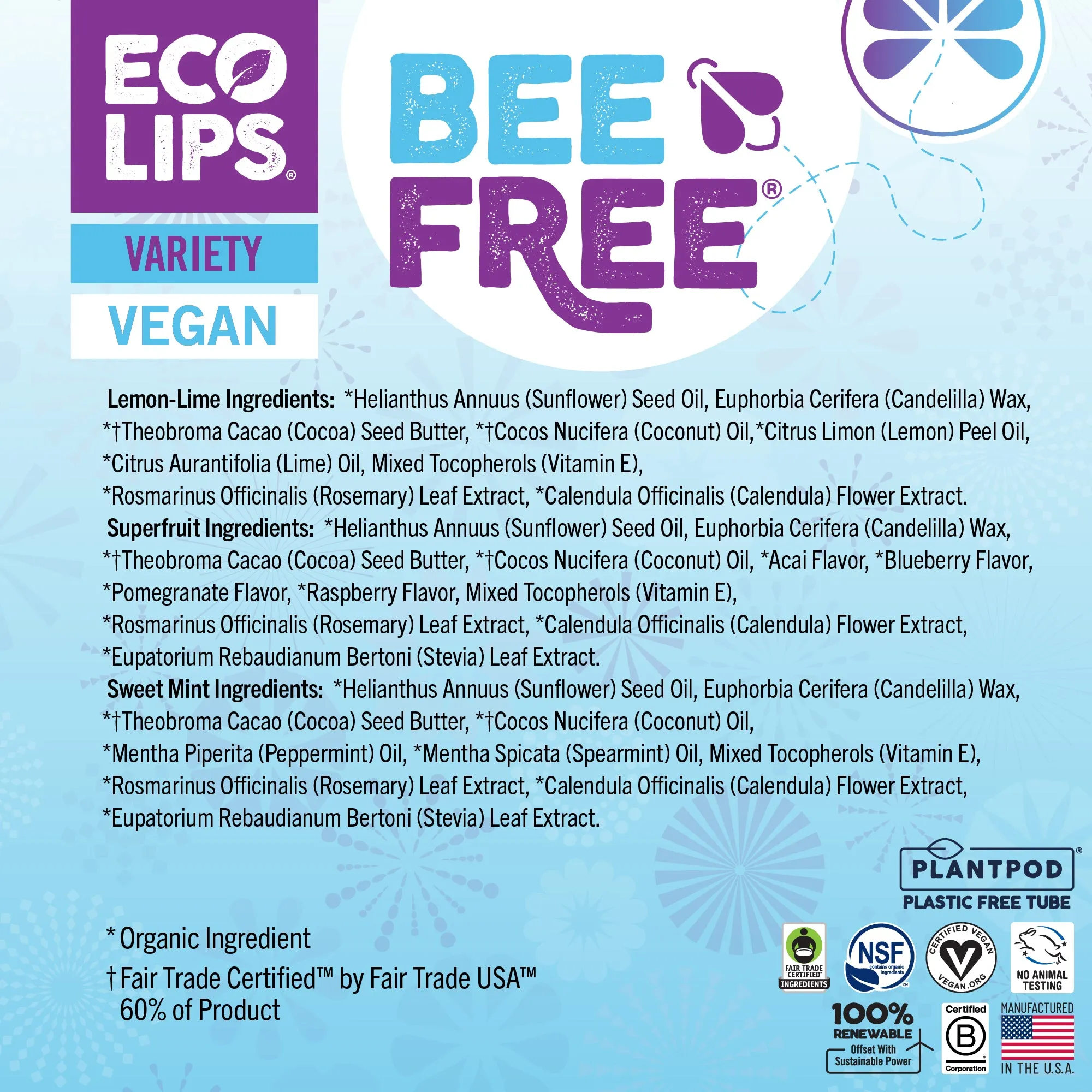 Vegan Bee Free® Plant Pod® Organic Lip Balm, 3 Pack Variety